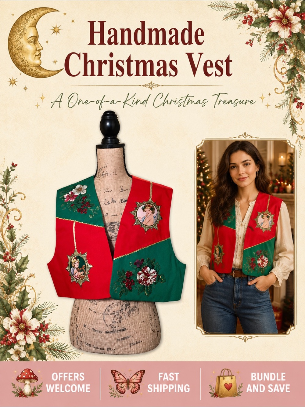 Handmade Vintage Christmas Vest Angel Victorian Holiday One Size Unique Design